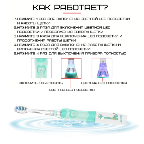 Детская Электрическая Зубная Щетка Звуковая с LED Подсветкой 4 Насадки Seago SG977 Sonic Розовая Seago