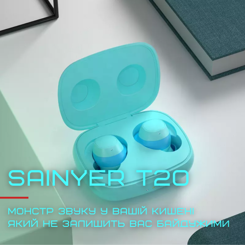 Беспроводные Стерео Наушники Sainyer T20 TWS со Встроенным Чипом Pixart Голубые Sainyer