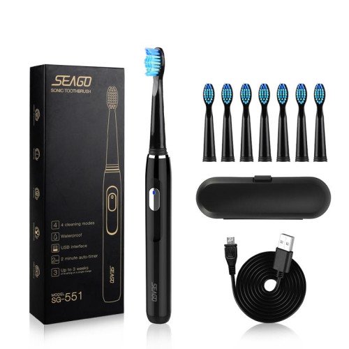 Електрична Зубна Щітка Звукова Seago 4 Режима + 8 Насадок SG551 Чорний Seago
