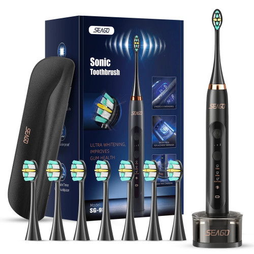 Взрослая Электрическая Зубная Щетка Звуковая Seago SG982 с Таймером и Интервальной Чисткой 3 Режима 3 Уровня Интенсивности 8 Насадок + Кейс Seago