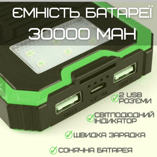 Портативный Повербанк 2в1 30000 mAh Внешний Аккумулятор в Защищенном Корпусе с Солнечной Батареей и Креплением Для Рюкзака + Мощный Фонарь и LED Индикатор DEJI S30 DEJI