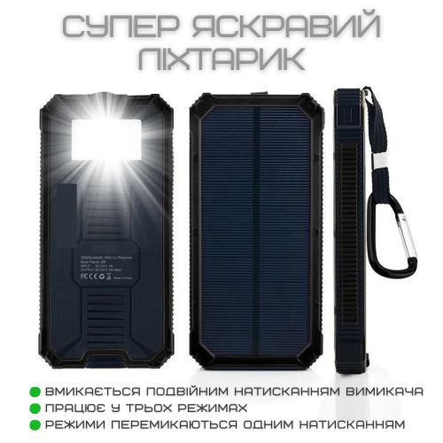 Повербанк на 30000 mAh с Солнечной Батареей и Креплением Для Рюкзака Портативный Внешний Аккумулятор 2в1 в Защищенном Корпусе + Мощный Фонарь и LED Индикатор DEJI S30 DEJI