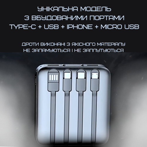 Мини Повербанк 5в1 20000 mAh на 4 Выхода Карманный Внешний Аккумулятор со Встроенными Портами TYPE-C + USB + Iphone + Micro USB с Фонариком и LED Индикатором DEJI Mini M20 DEJI