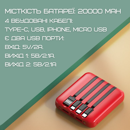 Повербанк 5в1 20000 mAh на 4 Виходи з Вбудованими Портами TYPE-C + USB + IPhone + Micro USB Міні Кишеньковий Зовнішній Акумулятор з Ліхтариком та LED Індикатором DEJI Mini M20 DEJI
