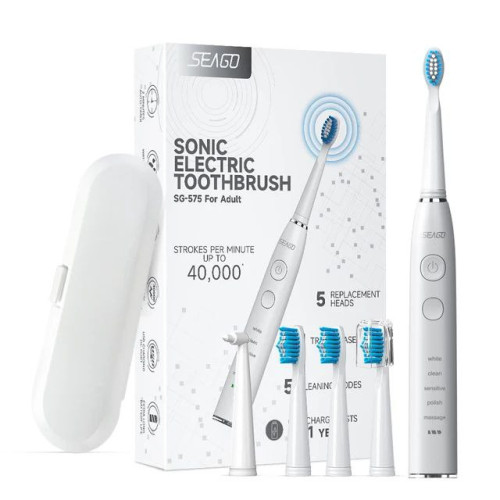 Электрическая Зубная Щетка Звуковая Взрослая Seago SG575 5 Насадок + 5 Режимов + Кейс Для Хранения Sonic Белая Seago