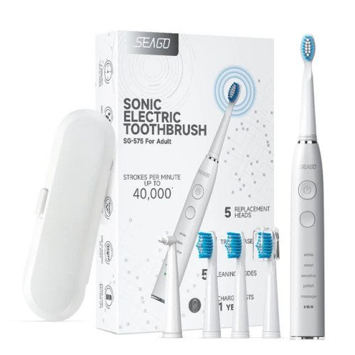 Электрическая Зубная Щетка Звуковая Взрослая Seago SG575 5 Насадок + 5 Режимов + Кейс Для Хранения Sonic Белая Seago