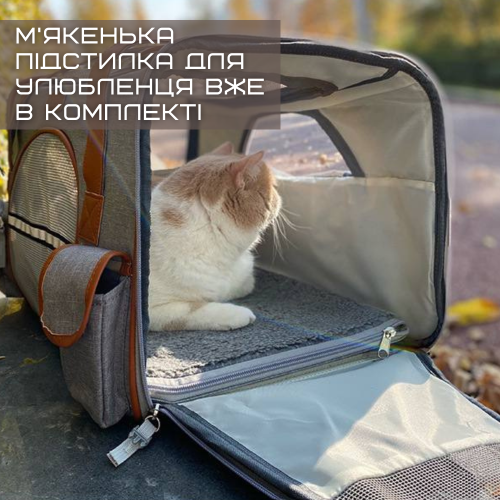 Сумка Переноска Для Кота Складна Сумка Для Домашніх Тварин з Прозорими Стінками та Кріпленнями до Чемодану та Авто до 7 кг Світло Сіра ROYAL WANT