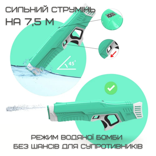 Водный Бластер на Аккумуляторе Мощный Электрический Пистолет Водяной с LED Экраном и Автоматическим Насосом Для Детей и Взрослых Zone Z One Зелёный 0001 Spyra