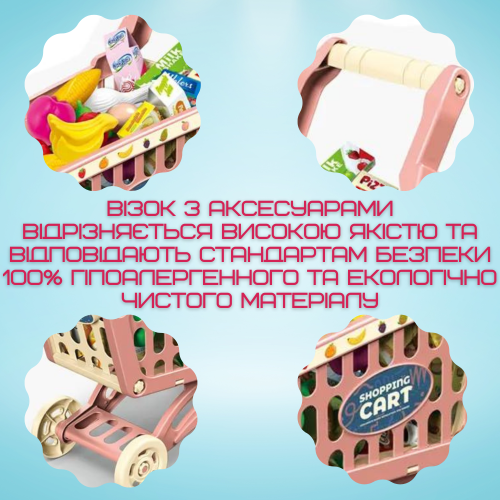 Игровой Набор Тележка с Продуктами Детская 52 Предмета + Игрушечные Деньги + Терминал Розовая Combuy