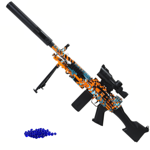 Детский Игрушечный Автомат на Орбизах M249 Электрический Гель Бластер на Аккумуляторе 80 см 2 Режима + Оптика + Глушитель + Сошки + Подарочный Набор 5000 Шариков Оранжевый BB