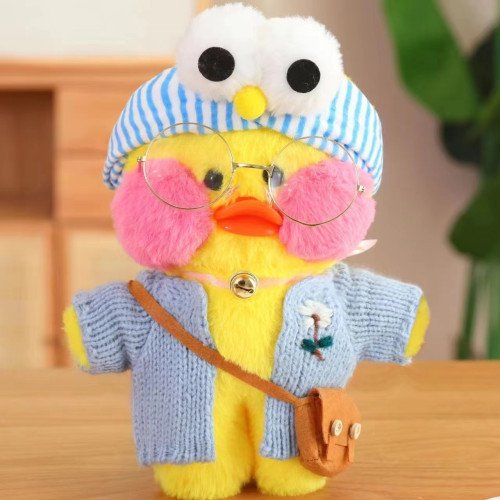 Большая Мягкая Игрушка Утка Джули Лалафанфан Желтая в Очках Cafe Mimi в Синей Одежде с Повязкой и Сумочкой 30 см Cafe Mimi