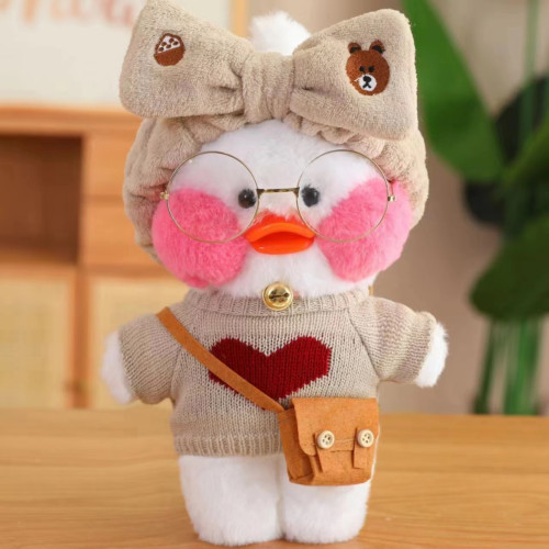 Большая Мягкая Игрушка Утка Вэнди Лалафанфан Белая в Очках Cafe Mimi в Серой Одежде с Сердцем 30 см Cafe Mimi
