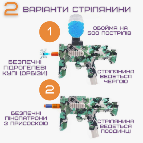 Детский Гель-бластер MP7 2-в-1 с Орбизами и Поролоновыми Стрелами на Аккумуляторе Зеленый BB