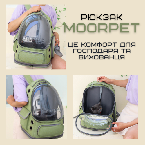 Рюкзак Для Кота с Прозрачными Стенками 42*34*27 см Переноска Для Путешествий с Животными до 7 кг MoorPet Зеленая MoorPet