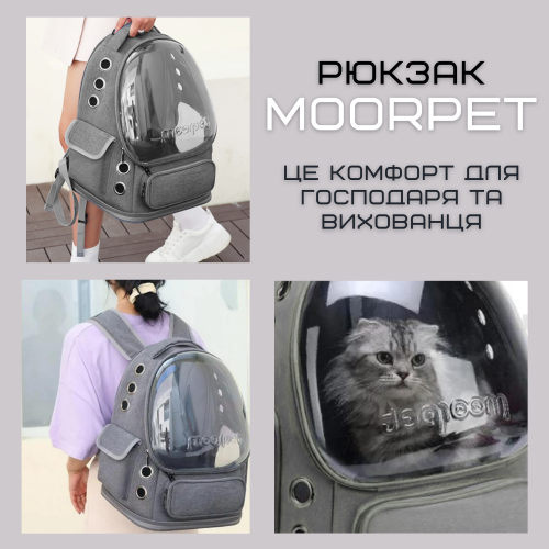 Прозорий Рюкзак Переноска Для Котів 42*34*27 см Сумка з Ілюмінатором Для Перевезення Тварин до 7 кг MoorPet Сіра MoorPet
