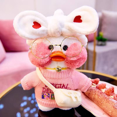 Большая Мягкая Игрушка Утка Лалафанфан Белая в Очках Cafe Mimi в Белой повязке 30 см Cafe Mimi