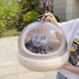 Космическая Переноска для Кошек и Собак Zmaker 3в1 Капсула с Туалетом и Лежанкой Прозрачная Переноска-скафандр для Животных до 6 кг Бежевая