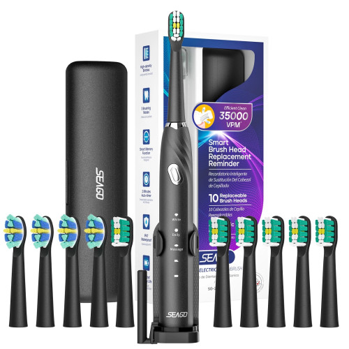 Звуковая Зубная Щетка Электрическая Портативная Seago Sonic SG2316 10 Насадок + Кейс Для Хранения + Подставка Взрослая Черная Seago