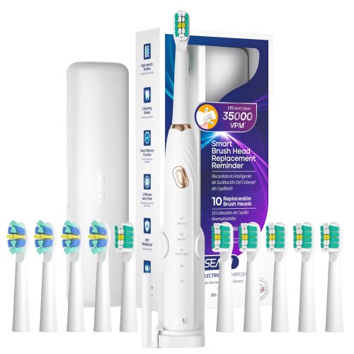 Электрическая Звуковая Зубная Щетка Беспроводная Seago Sonic SG2316 10 Насадок + Кейс Для Хранения + Подставка Взрослая Белая Seago