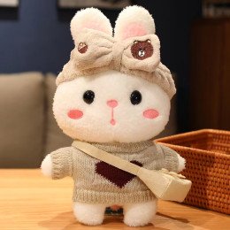 Большой Мягкий Заяц Лалафанфан Белый Cafe Mimi Плюшевая Игрушка в Очках в Серой Одежде и Сумочкой 30 см Cafe Mimi