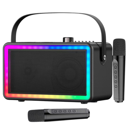 Беспроводная Портативная Караоке Система на Два Микрофона SDRD SP500 Bluetooth Колонка с LED Подсветкой + 3D Звуком Эхо Эффектом Черная SDRD