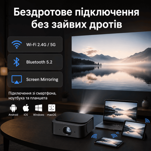 Портативный WiFi Мини LED Проектор Android 13.0 с Динамиком + Bluetooth 2 Режима + Screen Mirroring FULL HD 1080Р Cheerlux E2-C Cheerlux