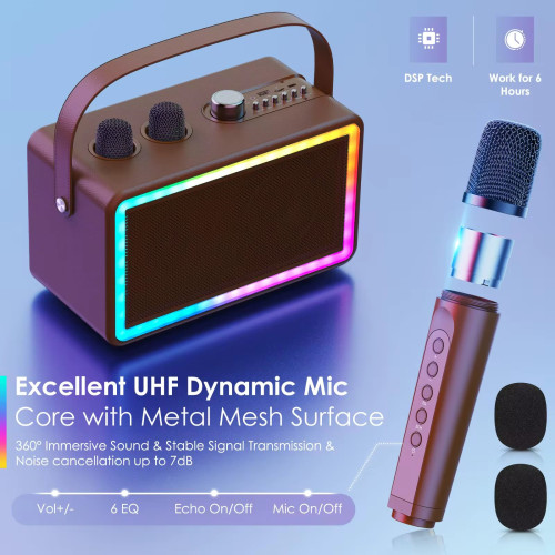 Беспроводная Портативная Караоке-система SDRD SP500 на Два Микрофона Bluetooth Колонка с LED-подсветкой, 3D-звуком и Эхо-эффектом Коричневая SDRD