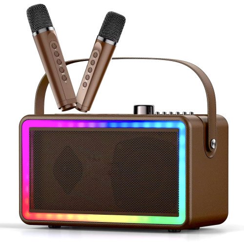 Беспроводная Портативная Караоке-система SDRD SP500 на Два Микрофона Bluetooth Колонка с LED-подсветкой, 3D-звуком и Эхо-эффектом Коричневая SDRD