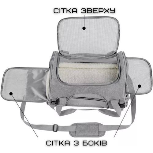 Сумка Переноска Для Кота Складная Сумка Для Домашних Животных с Прозрачными Стенками и Креплениями До 4 кг Серая Zmaker