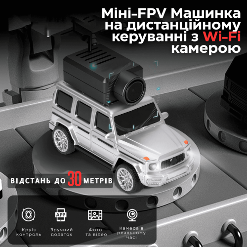 Міні FPV Машинка Mercedes (Гелендваген) 1:64 з Камерою на Даху 720P, Wi-Fi Управлінням Через Додаток, Записом Відео і LED-Підсвічуванням на Акумуляторі, Сірий — Подарунок для Дітей і Дорослих Combuy