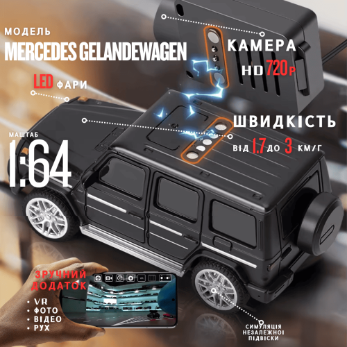 Радіокерована Mini FPV Машинка Мерседес з Камерою на Даху 720P, Прямою FPV-Трансляцією на Телефон, Wi-Fi Управлінням, LED-Підсвічуванням і Акумулятором, Чорний — Гелендваген 1:64 Combuy