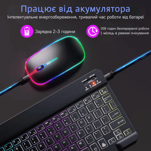 Бездротова Портативна Клавіатура і Миша Портативна Bluetooth на Акумуляторі з Підсвічуванням і Українською Розкладкою для ПК Комп'ютера Телефону Планшета Android IOS Біла DEJI