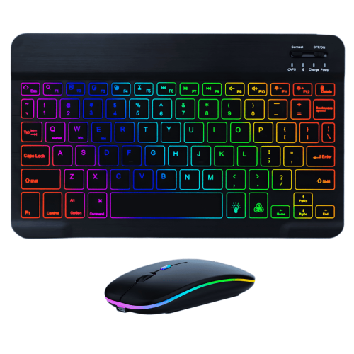 Беспроводная Bluetooth Клавиатура с Мышкой на Аккумуляторе Ультратонкая с RGB Подсветкой Украинская Раскладка Портативный Переносной Комплект для Android IOS Windows MacOS Чёрная DEJI