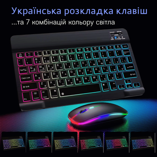 Беспроводная Bluetooth Клавиатура с Мышкой на Аккумуляторе Ультратонкая с RGB Подсветкой Украинская Раскладка Портативный Переносной Комплект для Android IOS Windows MacOS Чёрная DEJI