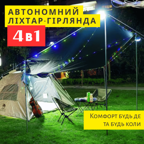 Солнечный Фонарь Прожектор 4-в-1 с Повербанком 5400 mah Уличная Гирлянда 10 Метров 8 Режимов и LED Лампа Солнечная Панель IPX4 для Кемпинга Дачи и Дома YIIOT