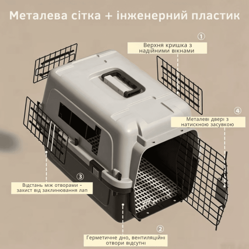 Контейнер для Авиа Перевозок Животных AirPet 50 IATA 50×33.5×34 см Переноска для Кошек и Собак до 11 кг с Двухфазным Креплением, Металлической Дверью, Замком и Кормушкой для Путешествий HAISEN