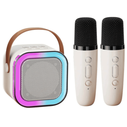 Портативна Караоке-Система K12 Gaodas на Два Бездротові Мікрофони Молочна Bluetooth Колонка з LED-Підсвічуванням та Зміною Голосу KTV