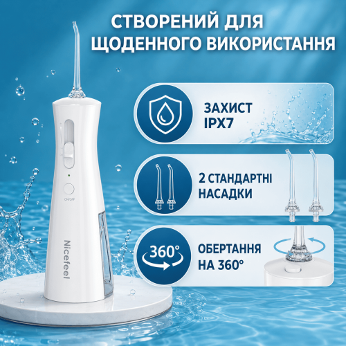 Беспроводной Ирригатор для Зубов NiceFeel FC5580 на Аккумуляторе Портативный Водонепроницаемый IPX7 + 3 Режима + 9 Уровней Мощности + Съемная Колба 300 мл Nicefeel
