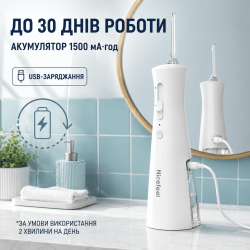 Беспроводной Ирригатор для Зубов NiceFeel FC5580 на Аккумуляторе Портативный Водонепроницаемый IPX7 + 3 Режима + 9 Уровней Мощности + Съемная Колба 300 мл Nicefeel