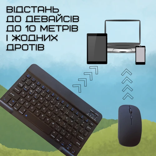 Портативная Беспроводная Клавиатура и Мышь Bluetooth с UA раскладкой на Аккумуляторе для ПК Ноутбуков Смартфонов и Планшетов на Android и iOS Черная DEJI